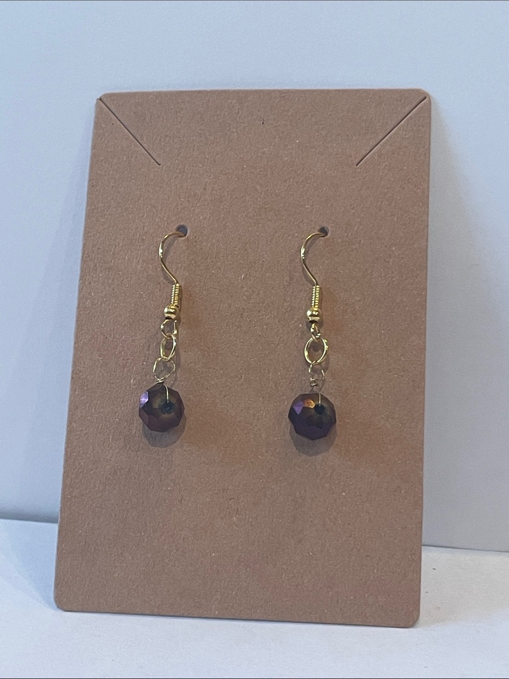 Gold Drop Earrings with Iridescent Purple Beads